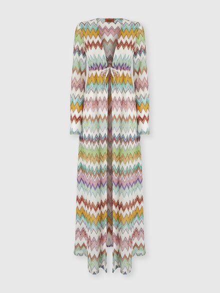 Long cardigan in lam&eacute; viscose with macro zigzag pattern, White & Multicoloured - MS26SQ0SBR014KSM9X5
