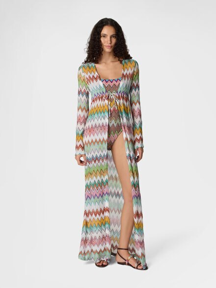 Long cardigan in lam&eacute; viscose with macro zigzag pattern, White & Multicoloured - MS26SQ0SBR014KSM9X5