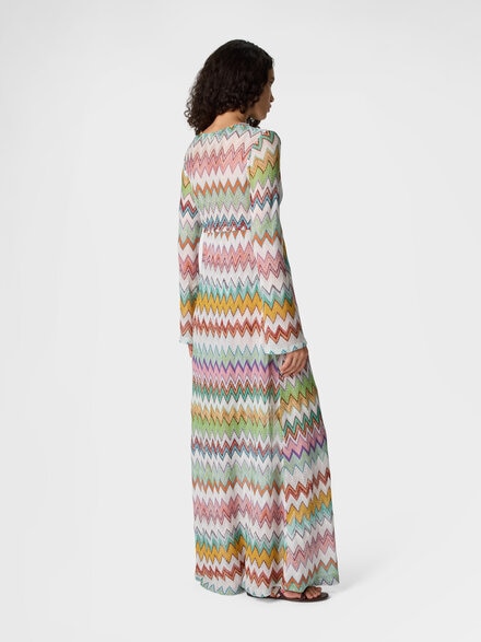 Long cardigan in lam&eacute; viscose with macro zigzag pattern, White & Multicoloured - MS26SQ0SBR014KSM9X5