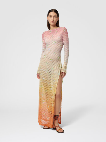 Vestido largo de playa en viscosa lam&eacute; con motivo de telara&ntilde;a degradado y bordado, Multicolor  - MS26SQ0TBR014ESMSMF