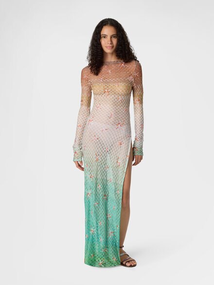 Long cover-up dress in lam&eacute; viscose with d&eacute;grad&eacute; spiderweb motif and embroidery, Multicoloured  - MS26SQ0TBR014ESMSMG