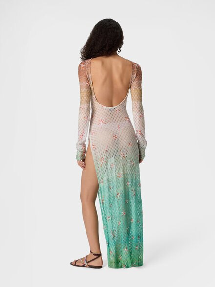 Long cover-up dress in lam&eacute; viscose with d&eacute;grad&eacute; spiderweb motif and embroidery, Multicoloured  - MS26SQ0TBR014ESMSMG