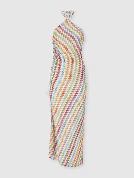 Vestido largo de playa en viscosa lam&eacute; con micro zigzag, Blanco & Multicolor - MS26SQ0VBR014JSM9X3