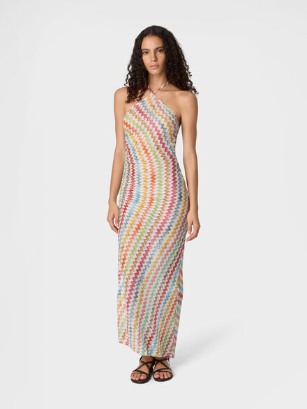 Vestido largo de playa en viscosa lam&eacute; con micro zigzag, Blanco & Multicolor - MS26SQ0VBR014JSM9X3