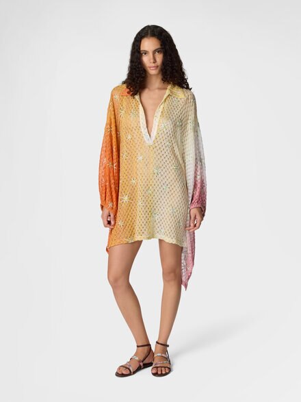 Short cover-up in lam&eacute; viscose with d&eacute;grad&eacute; spiderweb motif and embroidery, Multicoloured  - MS26SQ0WBR014ESMSMF