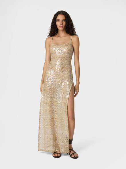 Vestido largo de playa en viscosa lam&eacute; con motivo de encaje y lentejuelas, Dorado& Blanco  - MS26SQ19BR014YS10BZ