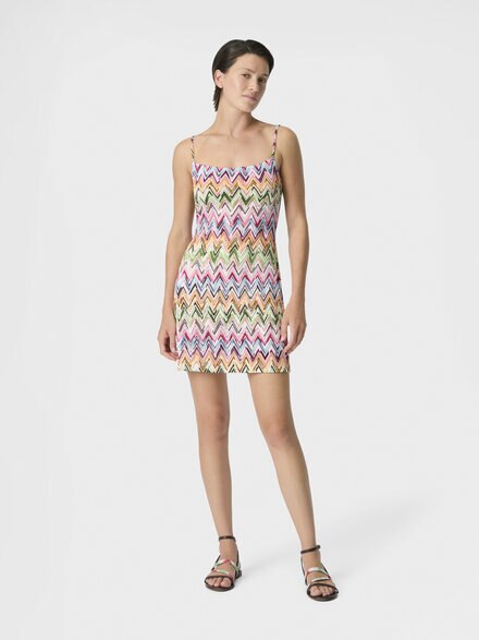 Mini dress in stretch viscose with lace and zigzag motif, Multicoloured  - MS26SQ1NBJ00QLSM9Z9