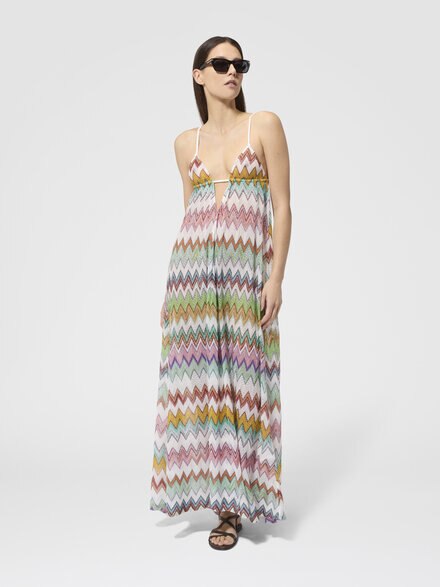 Vestido de playa largo de viscosa lam&eacute; con gran dise&ntilde;o de zigzag y finos tirantes, Blanco & Multicolor - MS26SQ1VBR014KSM9X5
