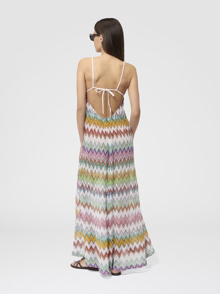 Vestido de playa largo de viscosa lam&eacute; con gran dise&ntilde;o de zigzag y finos tirantes, Blanco & Multicolor - MS26SQ1VBR014KSM9X5