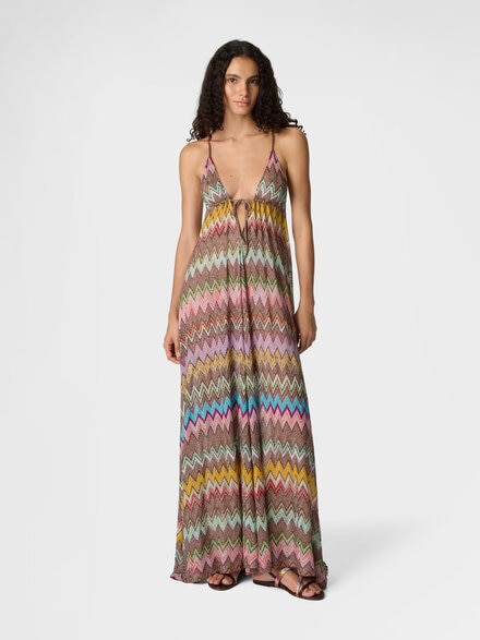 Long beach dress in lam&eacute; viscose with macro zigzag pattern and thin straps, Black & Multicoloured - MS26SQ1VBR014KSM9YK
