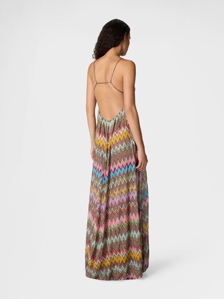 Long beach dress in lam&eacute; viscose with macro zigzag pattern and thin straps, Black & Multicoloured - MS26SQ1VBR014KSM9YK