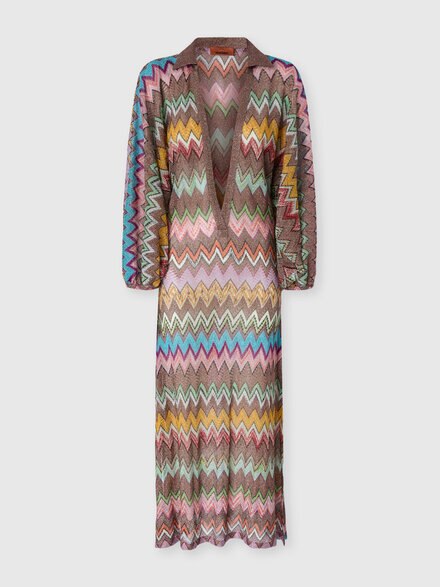Long-sleeved beach dress in lam&eacute; viscose with macro zigzag pattern, Black & Multicoloured - MS26SQ1ZBR014KSM9YK