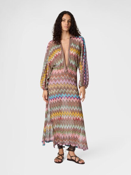 Long-sleeved beach dress in lam&eacute; viscose with macro zigzag pattern, Black & Multicoloured - MS26SQ1ZBR014KSM9YK