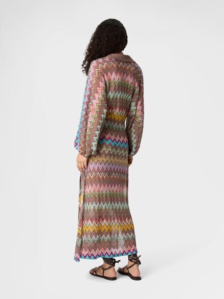 Long-sleeved beach dress in lam&eacute; viscose with macro zigzag pattern, Black & Multicoloured - MS26SQ1ZBR014KSM9YK