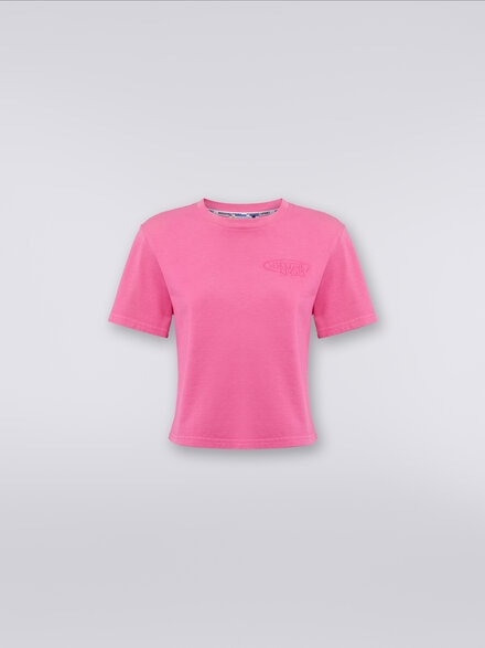 Crew-neck crop T-shirt in cotton with logo, Pink   - SS24SL00BJ00GYS30CY