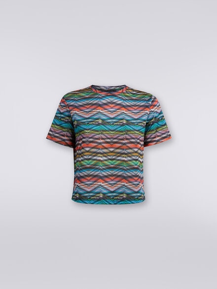 T-Shirt aus bedrucktem, elastischem Nylon, Mehrfarbig  - SS24SL04BJ00IWSM9AA