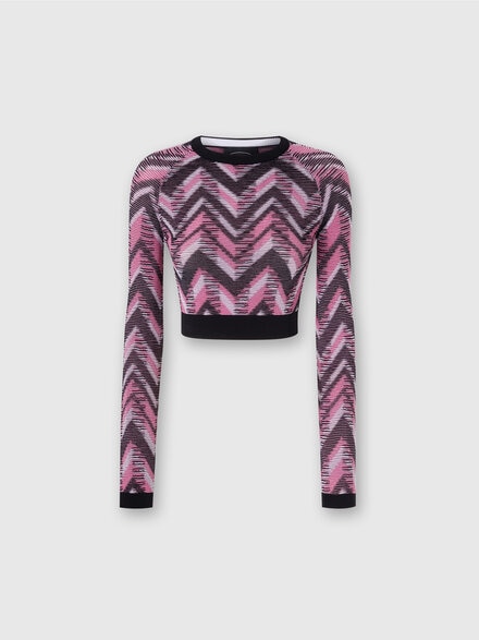 Long-sleeved crop top in chevron knit with logo, Multicoloured  - SS24SN03BK035YSM9BD