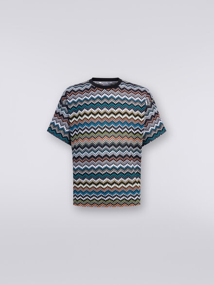 Crew-neck T-shirt in zigzag cotton knit, Multicoloured  - TS24SL03BR00UUSM9AX