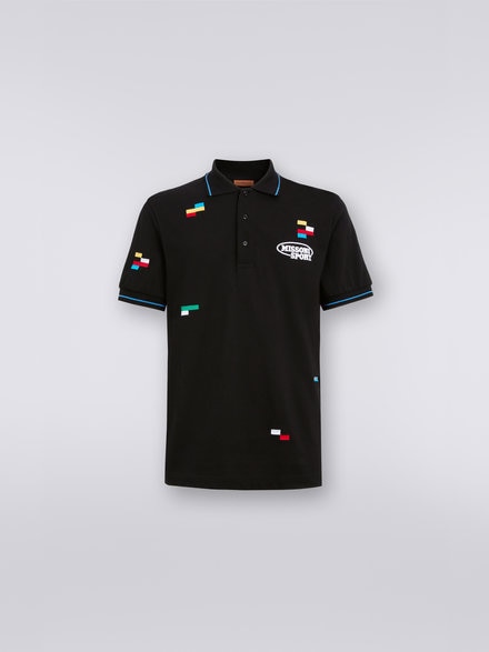 Short-sleeved polo shirt in cotton piqué with embroidered pixels, Black & Multicoloured - UC23S202BJ00EFS91E6