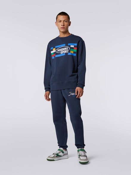 Crew-neck cotton sweatshirt with Legacy logo and knitted piping, Navy Blue  - UC23SW00BJ00EDS729F