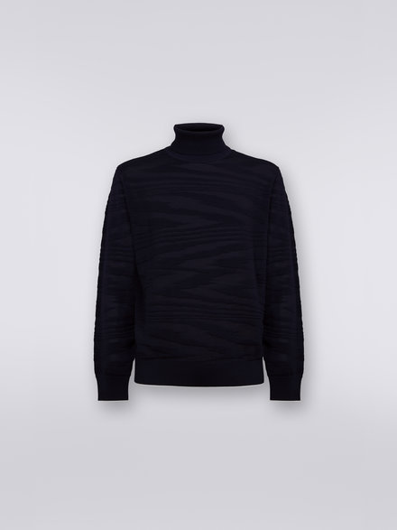 Embossed wool and viscose high neck jumper, Navy Blue  - UC23WN00BK021ZS728P