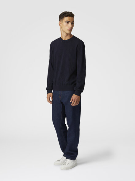 Wool crewneck pullover with tone-on-tone chevron, Blue - UC24WN03BK040K93810