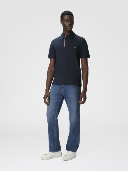Polo de piqué de algodón liso con bordado en zigzag y detalle en contraste, Azul Oscuro - UC25S200BJ00NL93924