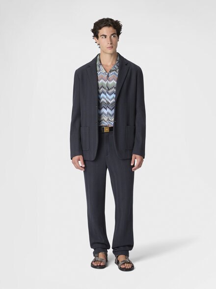 Single-breasted blazer in cotton and viscose with tone-on-tone zigzag pattern, Blue - UC25WF00BR012294015