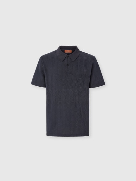 Cotton and viscose polo shirt with tone-on-tone zigzag motif, Blue - UC26S200BR014P94015