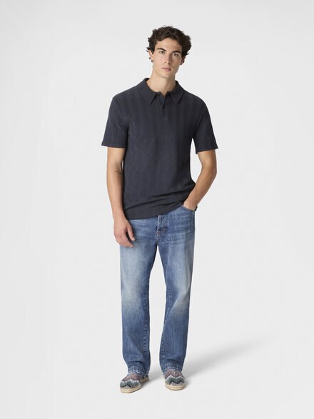 Cotton and viscose polo shirt with tone-on-tone zigzag motif, Blue - UC26S200BR014P94015