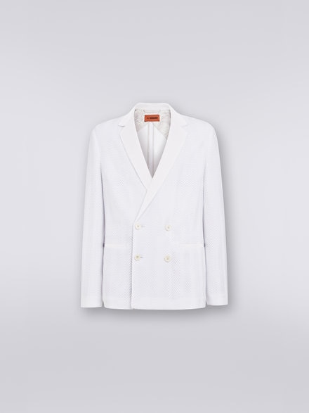 Plain cotton and viscose chevron double-breasted blazer, White  - US23SF00BR00JC10601