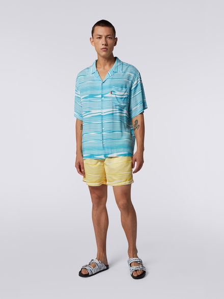 Short-sleeved viscose bowling shirt, White & Sky Blue - US23SJ0RBW00M3S728S