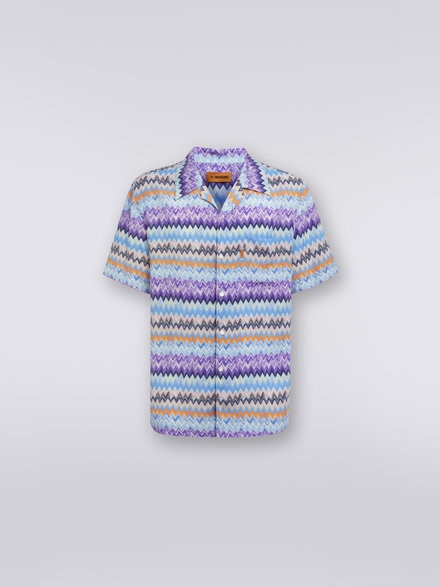 Short-sleeved chevron viscose bowling shirt, Blue - US23SJ0RBW00PHS72CB
