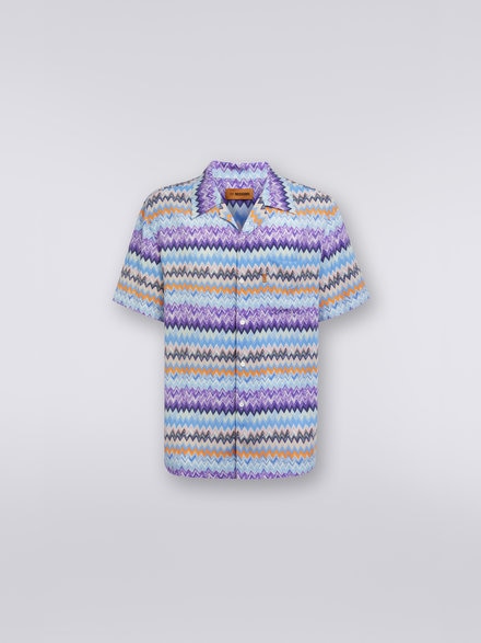 Chemise à manches courtes style bowling en viscose à chevrons, Bleu - US23SJ0RBW00PHS72CB