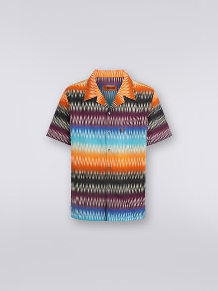 Short-sleeved cotton bowling shirt with zigzag print, Multicoloured  - US23SJ0SBW00N9S72AD
