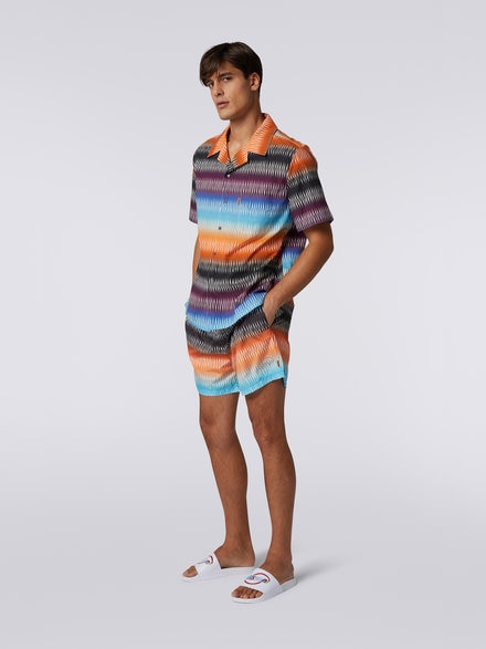 Short-sleeved cotton bowling shirt with zigzag print, Multicoloured  - US23SJ0SBW00N9S72AD