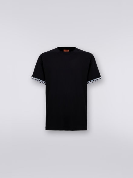 T-shirt girocollo in cotone con inserto in maglia, Nero    - US23SL03BJ00DES91DK