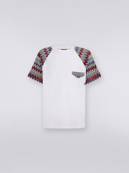 Cotton crew-neck T-shirt with knitted inserts, White  - US23SL0ABJ00E1S016Q