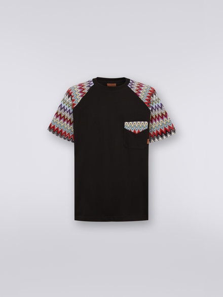 T-shirt girocollo in cotone con inserti in maglia, Nero    - US23SL0ABJ00E1S91DL
