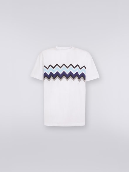 T-shirt girocollo in jersey di cotone zig zag, Bianco, Nero &  Blu   - US23SL19BJ00EYS7296