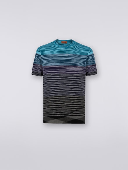 Kurzärmeliges T-Shirt aus Baumwollstrick mit Rundhalsausschnitt und Dégradé-Streifen, Blau, Violett & Schwarz - US23SL1CBK012QS91DS