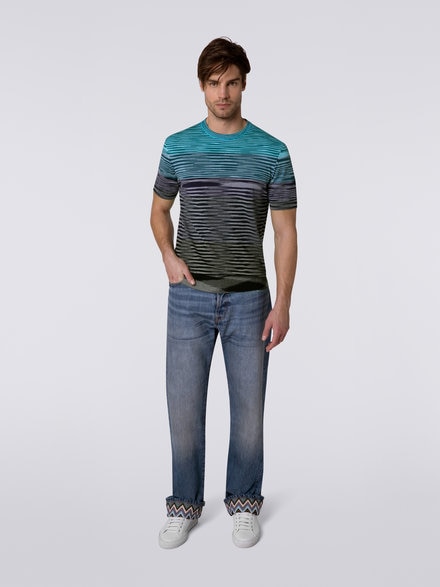 Camiseta de cuello redondo y manga corta en punto de algodón a rayas degradadas, Azul Oscuro, Morado & Negro - US23SL1CBK012QS91DS