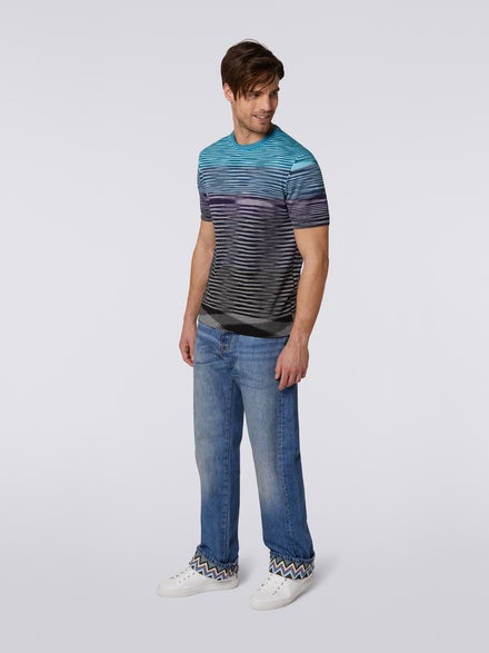 Camiseta de cuello redondo y manga corta en punto de algodón a rayas degradadas, Azul Oscuro, Morado & Negro - US23SL1CBK012QS91DS