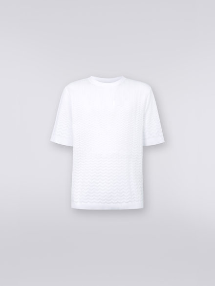 Baumwoll-T-Shirt mit Rundhalsausschnitt und Ton-in-Ton-Chevronmuster, Weiß  - US23SL1DBK021TS0177