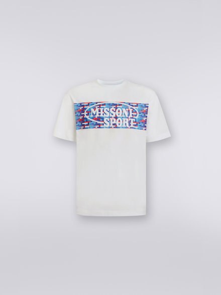 Crew-neck cotton T-shirt with logo lettering and print, White  - US23SL1FBJ00F6S017E