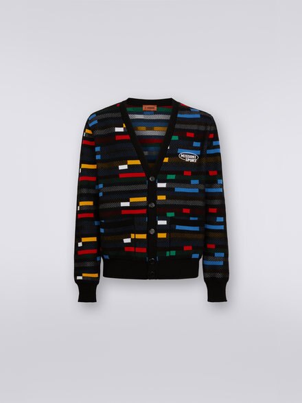 Jacquard viscose cardigan with multicoloured pixels, Black    - US23SM0KBK023DS91EC