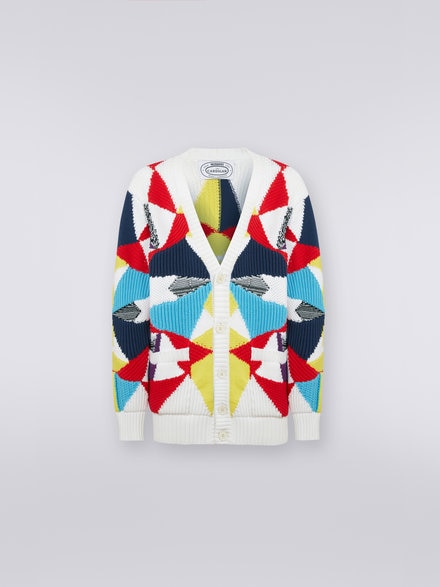 Cotton blend cardigan with multi-point intarsia details, Multicoloured - US23SM0SBK022WSM8MX