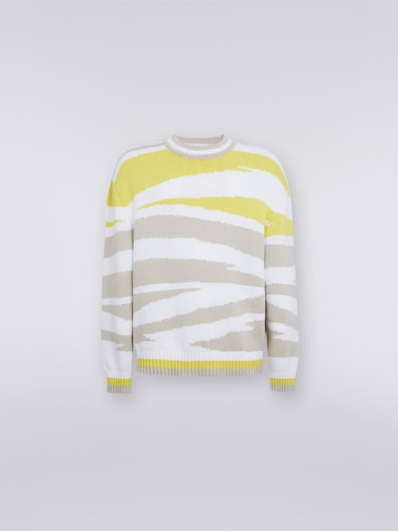 Crew-neck cotton blend jumper with inlay details, White, Beige & Yellow - US23SN03BK020RS016C