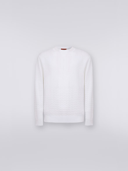 Cotton and viscose crew-neck jumper with chevron inserts, White  - US23SN07BK021TS0177