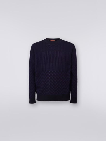 Cotton and viscose crew-neck jumper with chevron inserts, Dark Blue - US23SN07BK021TS729C